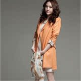 韩国代购 2015春秋新款韩版休闲修身中长款橘色亚麻西装女外套