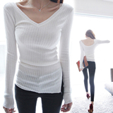 韩国代购2015秋冬 不规则V领露背性感显瘦长袖打底T恤针织衫上衣