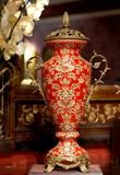 软装新品欧式传统古典风格陶瓷配铜红色花纹陶瓷花瓶花插奖杯摆件