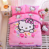 全棉四件套儿童卡通床上用品女童被套纯棉床单人床三件套粉色KT猫