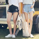 LRUD2016夏季新款韩版高腰破洞毛边牛仔短裤女宽松显瘦阔腿热裤
