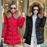 2015秋冬新款韩版女式大毛领羽绒棉服修身中长款棉衣加厚棉袄外套