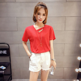 大红色上衣女夏季衣服韩国个性镂空V领宽松纯色短袖T恤打底衫女潮