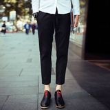 日系新品复古纯色韩版修身型男士 黑色 休闲小脚 九分西裤 弹力
