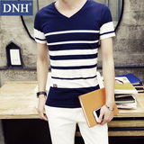 夏季男士条纹短袖T恤男装V领体恤韩版修身青年学生拼接潮男生衣服
