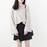 2016春装新款韩国女式显瘦百搭气质纯色一字领喇叭袖针织衫打底衫
