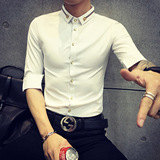 中袖衬衫男七分袖修身薄款韩夏季新品常规纯白色弹力免烫短袖衬衣