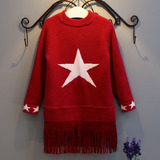 冬装新款童装女童红色加绒毛衣儿童加厚羊绒衫韩版长款流苏毛线裙