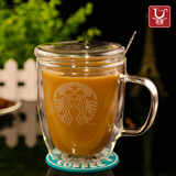 玻璃杯耐热星巴克双层创意啤酒花茶带盖咖啡水杯子果汁杯水杯包邮