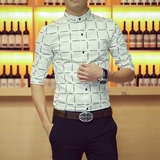 2016夏季男士格子衬衫 五分袖修身男装韩版休闲发型师衬衣薄款潮