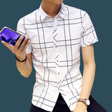 2016夏季时尚格子短袖衬衫男士韩版休闲修身青少年潮流行男装衬衣