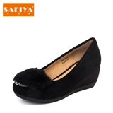 Safiya/索菲亚正品新款女鞋坡跟羊皮兔毛水钻浅口单鞋SF53116602