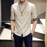 夏季男装潮流立领短袖衬衣青少年亚麻韩版修身棉麻男士七分袖衬衫