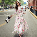 2016秋季新款韩版雪纺圆领长袖长裙修身显瘦印花粉色气质连衣裙女