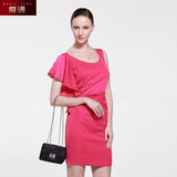 天使旅行箱 2016夏季新款女装 玫红色修身短袖礼服连衣裙气质优雅