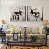 梅花鹿 手绘油画 麋鹿抽象动物装饰画 现代欧式客厅卧室组合挂画