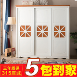 美式推拉门白色衣柜收纳柜橡木实木隔板组装韩式2门3门平拉门卧室