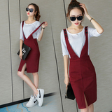 韩国修身显瘦气质性感长袖背带裙两件套秋季连衣裙套装女包臀裙子