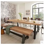 美式新款组装 长椅铁艺实木餐桌椅组合长方形饭复古办公桌书桌