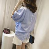 韩国代购衬衫女韩范2016夏季新款大码条纹蝙蝠袖上衣休闲立领衬衣