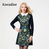 Koradior/珂莱蒂尔正品夏款欧美印花拼接修身时尚收腰气质连衣裙