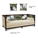 现代新中式沙发 设计师创意荷花印画布艺三人沙发 售楼处实木家具