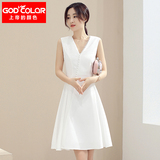 2016夏季新款韩版性感白色修身A字裙无袖V领中长款高腰连衣裙女潮