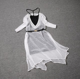 欧洲站2016春装新款时尚V领钉珠中长款雪纺连衣裙吊带裙两件套潮