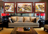现代中式客厅装饰画实木画国画三联挂画沙发背景墙漆画壁画 流泉