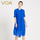 VOA欧美新款蓝色短袖褶皱真丝连衣裙女 拼接纽扣休闲衬衫裙A6852