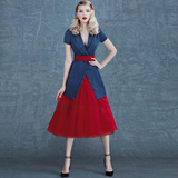 时尚套装 2016新款 欧美大牌名媛气质牛仔修身上衣 网纱红色半裙