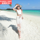 温暖时光 沙滩裙波西米亚长裙海边度假旅行流苏蕾丝夏V领女套装