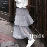 2016夏装新款女装 韩国代购仙气压褶网纱蛋糕长半裙半身裙