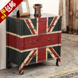 美式斗柜实木复古做旧三斗玄关柜子手绘英国米字旗储物装饰床头柜