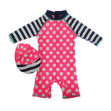 外贸原单儿童连体泳衣长袖保暖 女童宝宝婴儿粉色波点防晒冲浪服