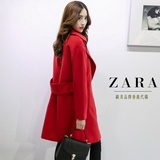 Zara女装正品2015秋冬季毛呢外套 长款显瘦红色翻领毛呢大衣外套