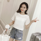 夏季女装新款圆领短袖t恤女韩国学生体恤打底衫镂空蕾丝上衣女潮