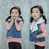 2015年冬装新品童装女童韩版个性斜拉链加绒儿童牛仔马甲