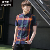 夏季薄款格子短袖衬衫男士韩版修身青少年休闲半袖印花衬衣潮英伦