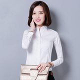 职业白色衬衫女长袖韩版修身立领平纹纯色OL商务正装工作服春夏款