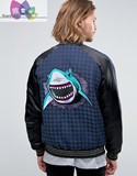 英国代购正品直邮08.05ASOS男装拼色几何纹鲨鱼图短款夹克外套