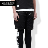 WildBunch 新款男士休闲短裤朋克 拉链pu皮拼接工装裤跑男款 潮牌