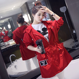 2016春季韩版风衣韩版女装宽松工装外套收腰薄款中长款红色外衣潮