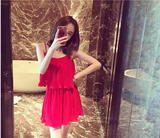 香港代购无袖度假吊带裙显瘦沙滩裙大红色连衣裙荷叶边雪纺裙子夏