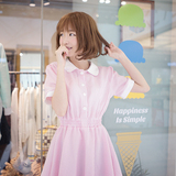 夏季女装日系软妹可爱粉色格子娃娃领修身高腰短袖连衣裙学生中裙