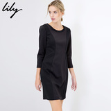 Lily2016春新款女装黑色收腰设计显瘦圆领长袖连衣裙115110L7135