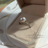 8-9mm极强光近圆近无瑕天然珍珠戒指 925银精致皇冠款 开口可调节