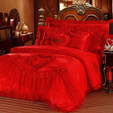 大红色四件套韩式蕾丝六件套结婚床上用品床单被套婚庆天丝棉贡缎