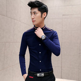 卡宾时尚男装新款韩版寸衫修身衬衣撞色男士弹力纯色休闲长袖衬衫