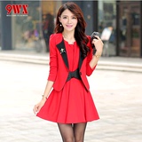 9WX 春装新款女装2016套装裙子优雅气质红色长袖连衣裙A185两件套